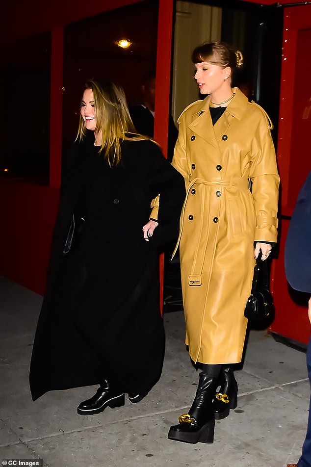 For the night, The Cruel Summer hitmaker cut a stylish figure in a beige leather trench coat, which she styled with a black ensemble and chunky heeled boots