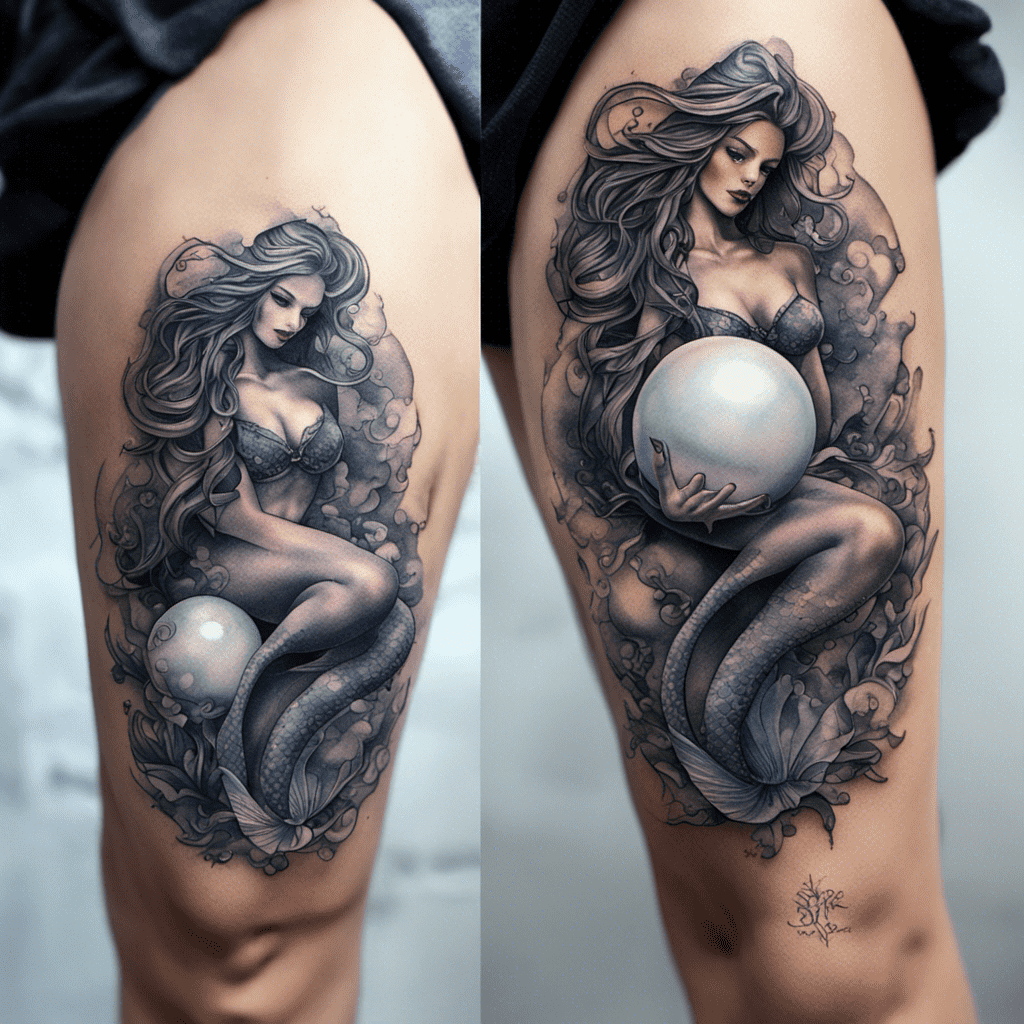 An intricate tattoo on a person's thigh depicting a mermaid with flowing hair holding an orb, surrounded by detailed swirls and floral patterns.