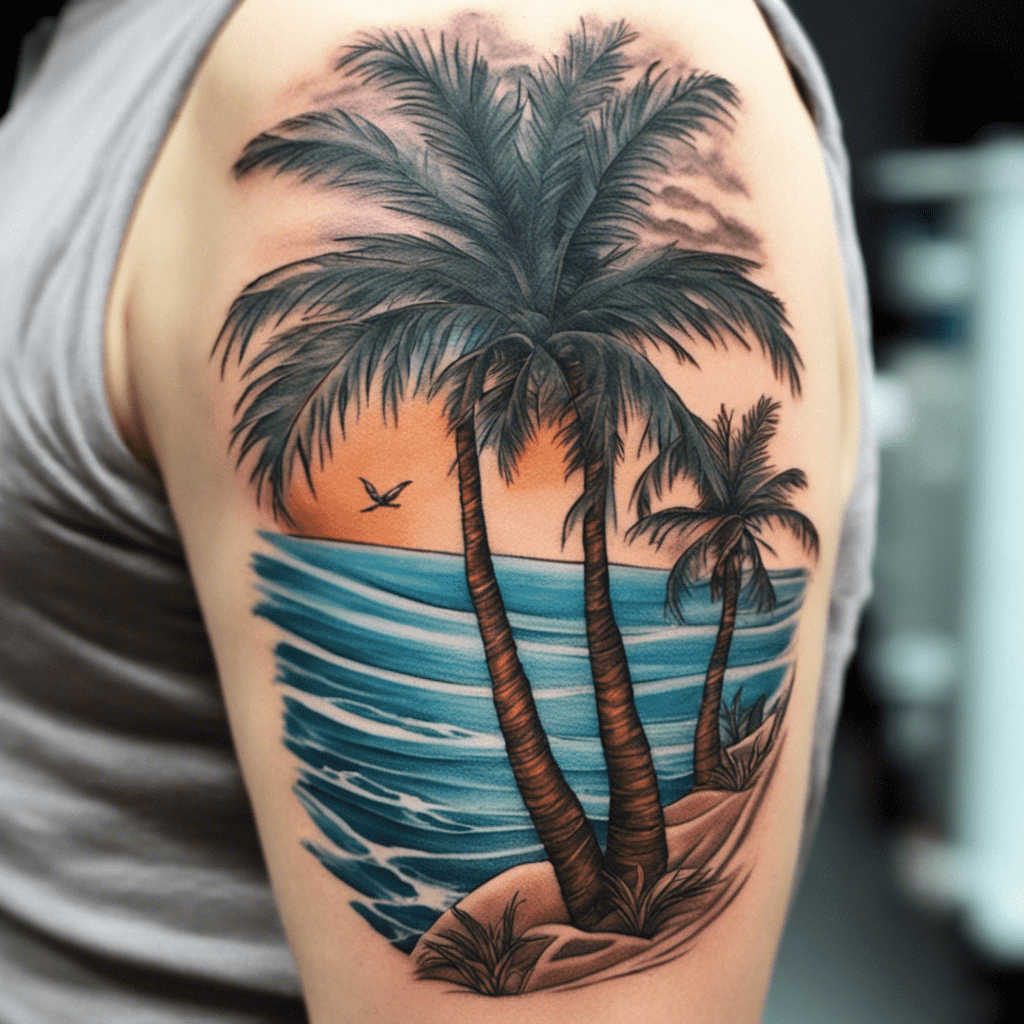 Colorful tropical beach scene tattoo with palm trees, ocean waves, and a sunset on a person's arm.