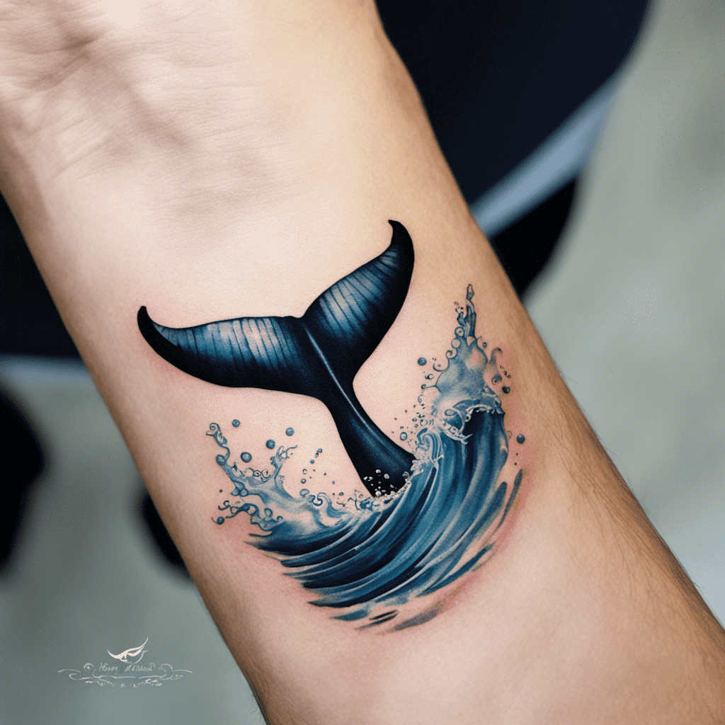 A realistic tattoo of a whale tail splashing in water on someone's forearm.