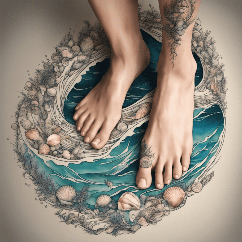 A pair of human feet with tattoos standing in the center of an intricate, circular ocean wave design adorned with various seashells and marine plant motifs. The artwork has a three-dimensional quality and uses a limited color palette focused on blues, beige, and hints of pink.