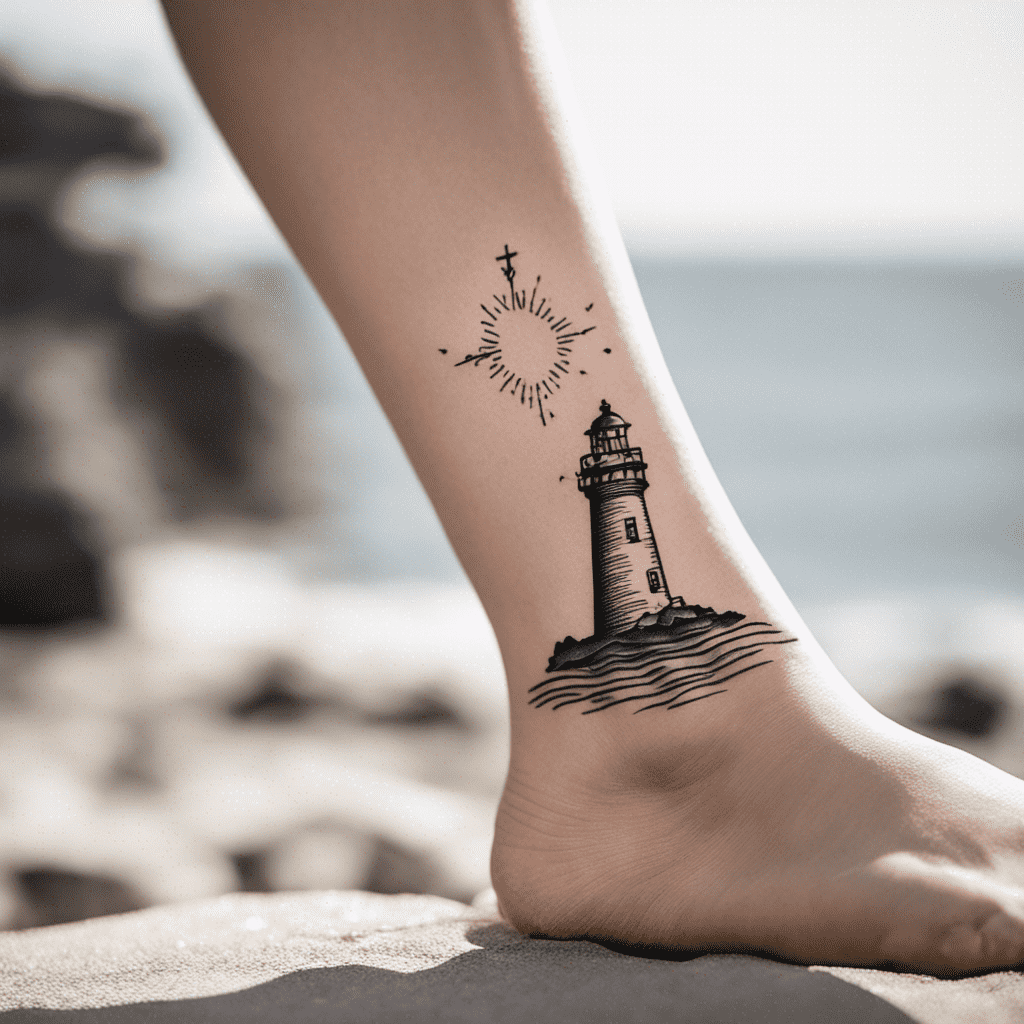 A person's ankle adorned with a tattoo of a lighthouse and a sunburst design against a sandy beach backdrop.