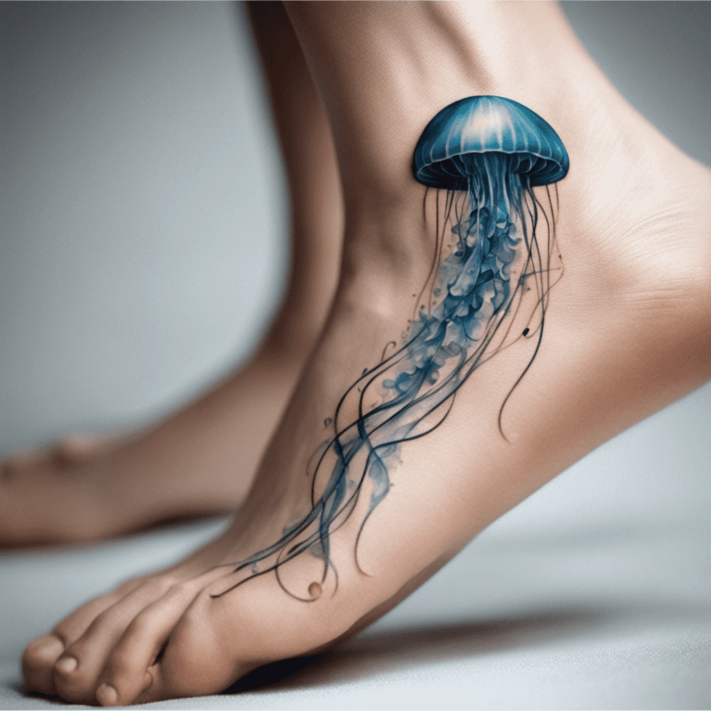Alt text: A realistic tattoo of a blue jellyfish with flowing tentacles inked on a person's ankle and foot.