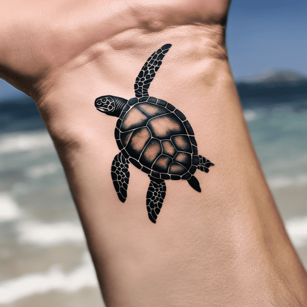 A black turtle tattoo is shown on a person's inner wrist against a blurred beach background.