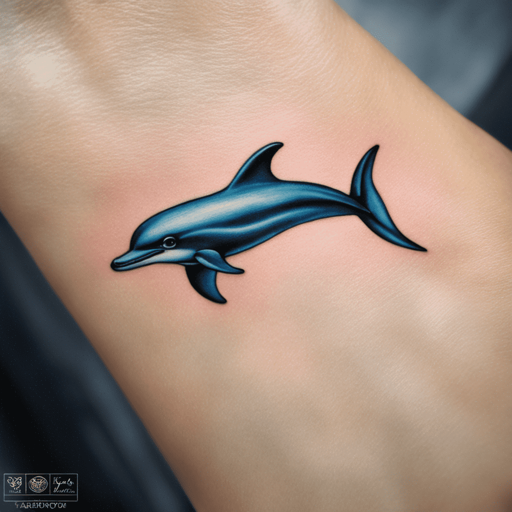 A realistic dolphin tattoo on a person's skin with a gradient from dark blue to light blue, showcasing detailed shading and highlights.