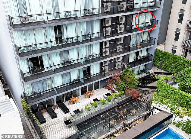 The hotel balcony where Liam Payne fell to his death from in Buenos Aires, Argentina, yesterday is circled