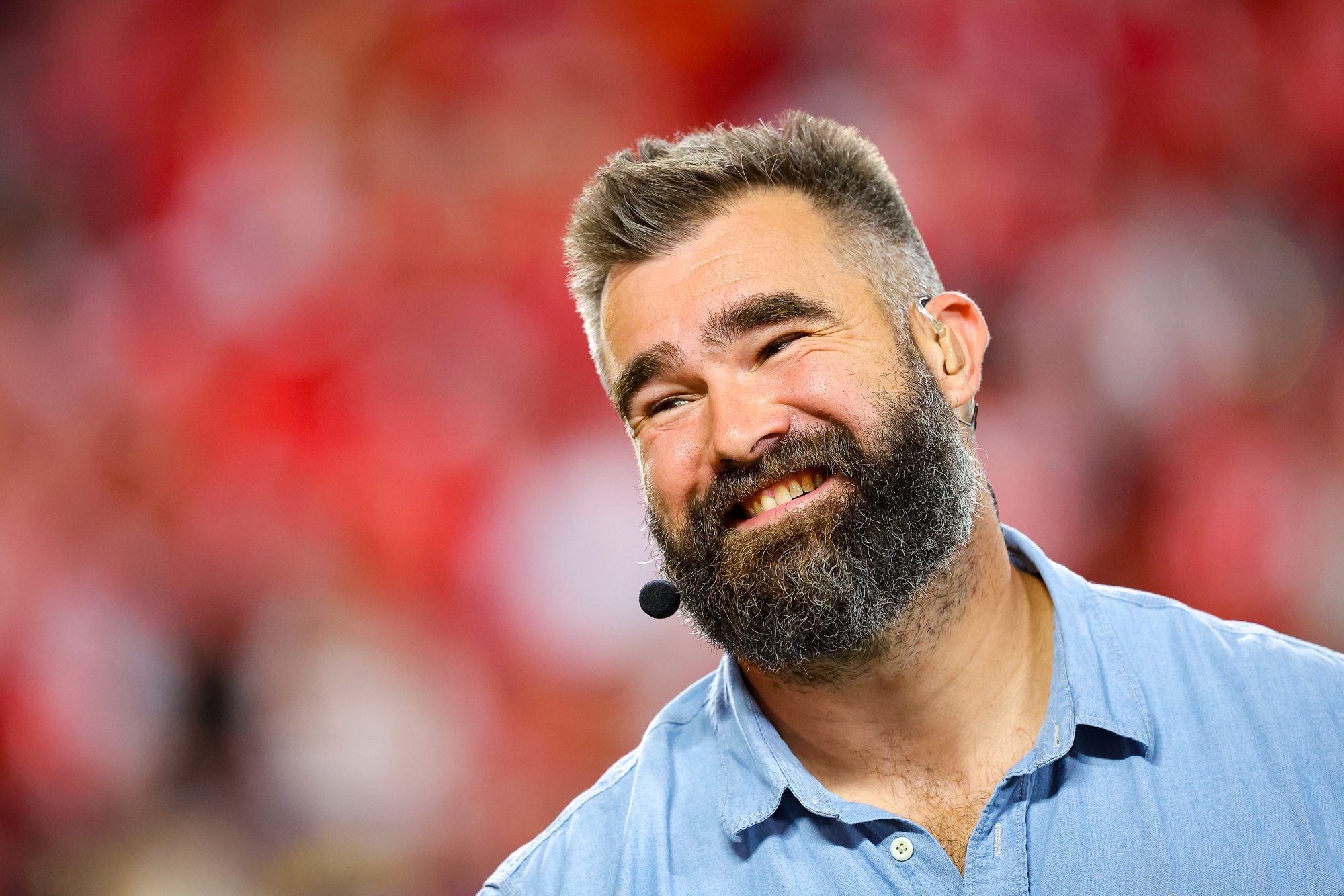 Jason Kelce works as a broadcaster on Monday Night Football prior to the game between the Kansas City Chiefs and the New Orleans Saints at GEHA Field at Arrowhead Stadium.