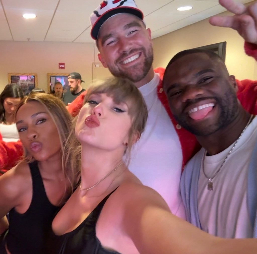 Taylor Swift and Travis Kelce celebrating with friends.