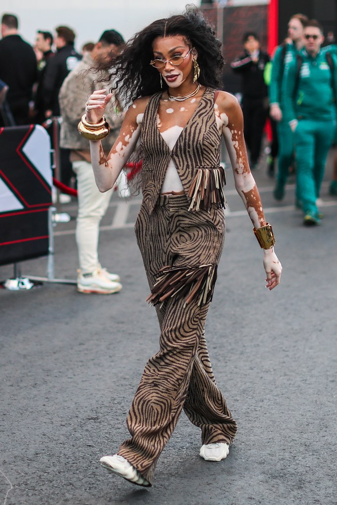 Winnie Harlow walks in the paddock during the F1 Grand Prix of Las Vegas