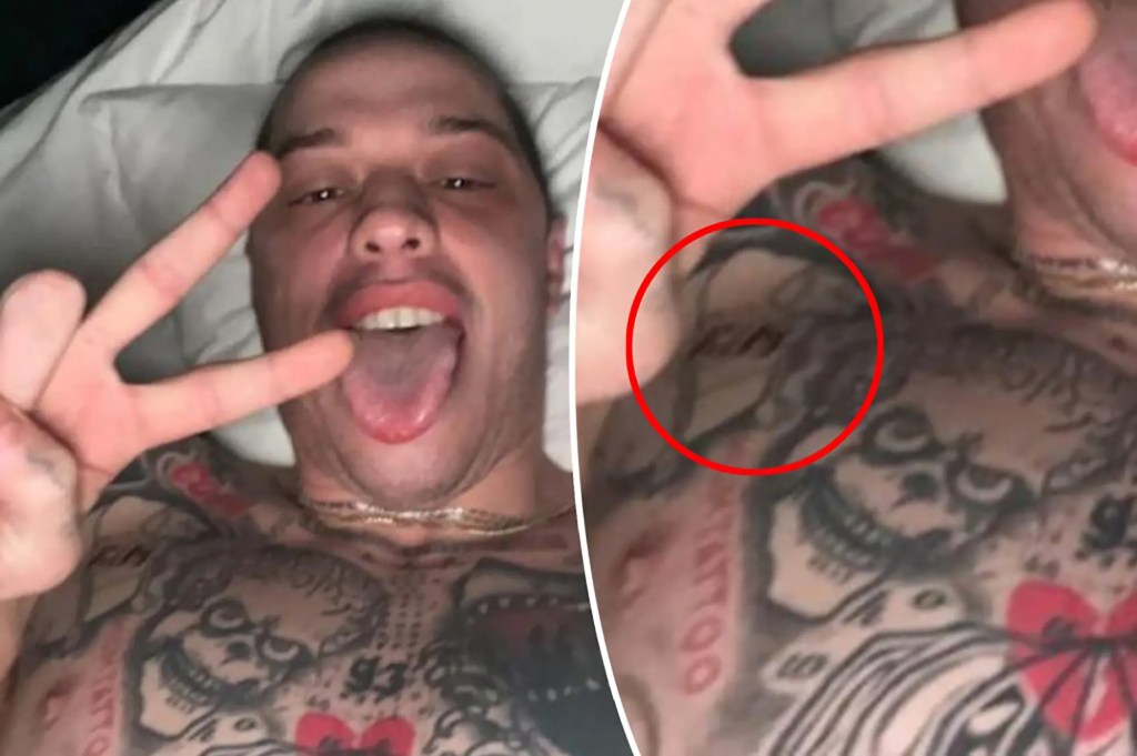 Pete Davidson showing off tattoos, including one of Kardashian's first name on his chest