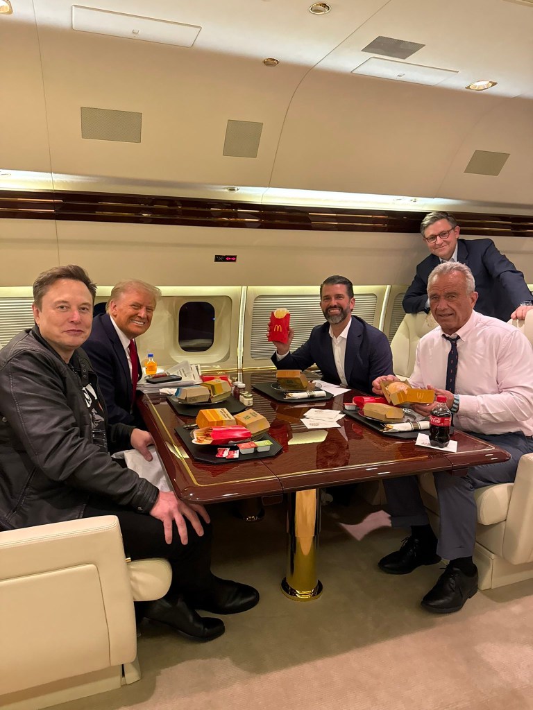 Elon Musk, Donald Trump, Donald Trump Jr. Robert F. Kennedy Jr. and Mike Johnson on board Trump Force One.