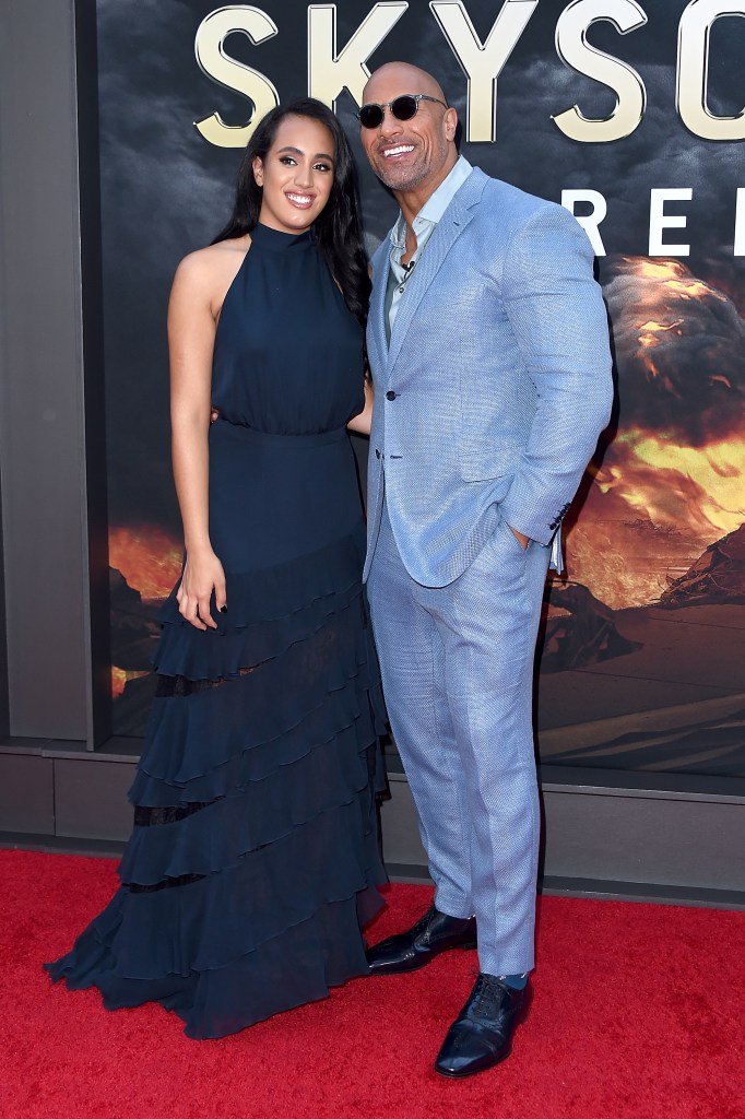 Dwayne Johnson and daughter at July 2018 "Skyscraper" premiere