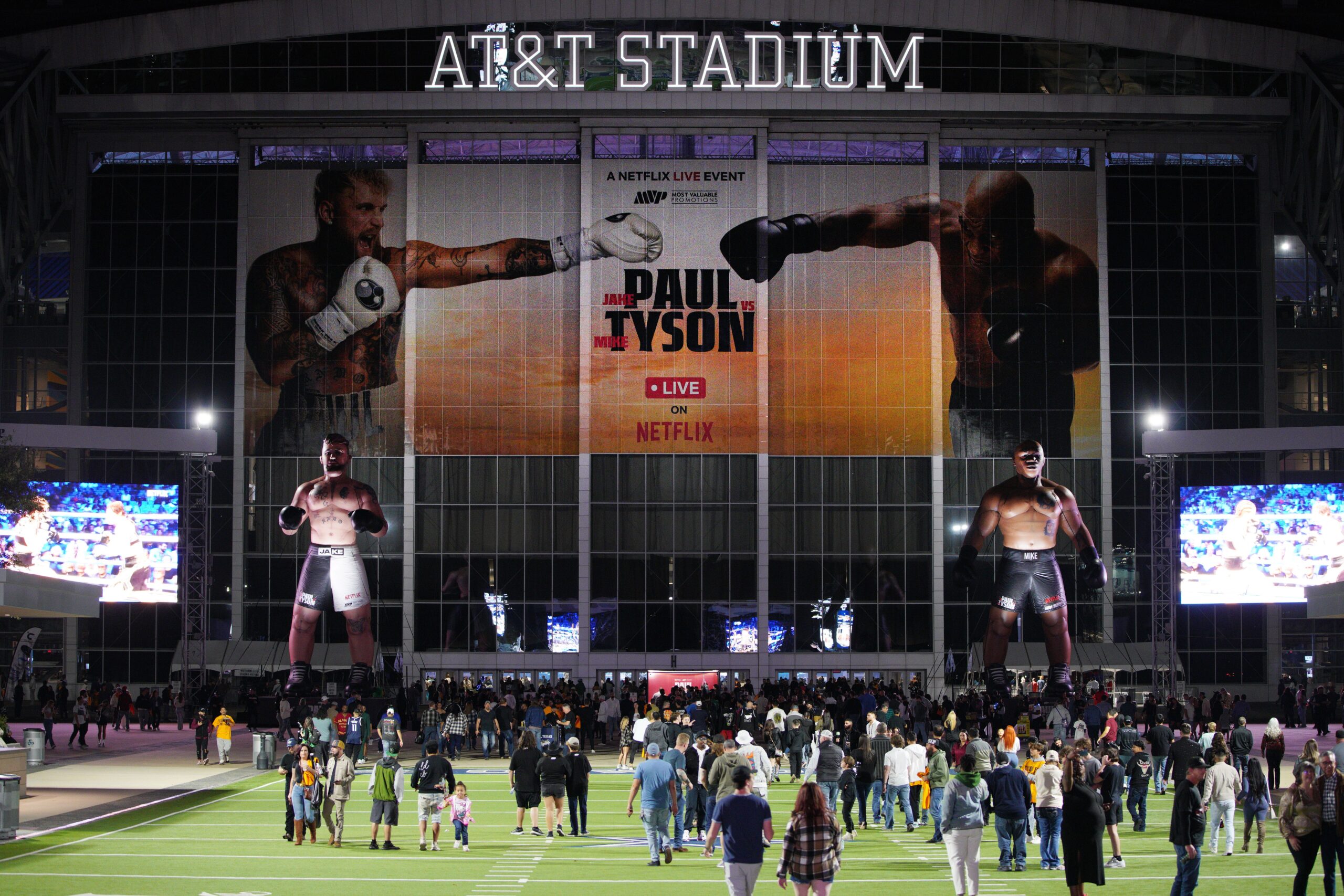 Fans arriving at AT&T Stadium for the Jake Paul and Mike Tyson fight.