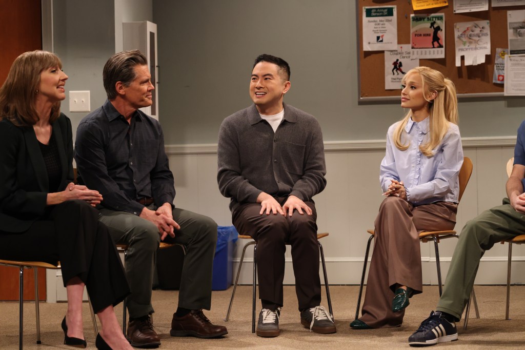 "Saturday Night Live" still with Ariana Grande and Bowen Yang