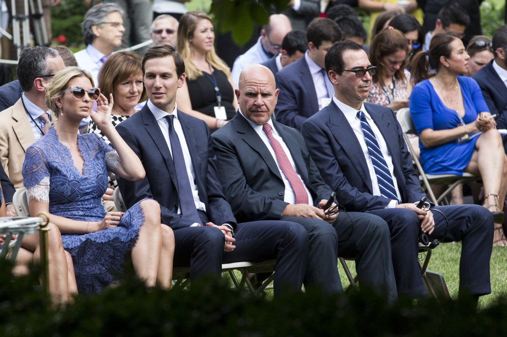 Ivanka Trump and Jared Trump seen with  H.R. McMaster, national security advisor, and Steven Mnuchin, U.S. Treasury secretary,