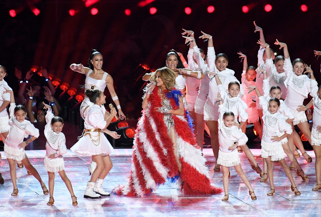 Jennifer Lopez and Emme Maribel Muñiz perform at Super Bowl LIV Halftime Show