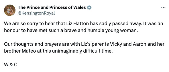 Kate Middleton and Prince William mourn death of teen who lost cancer battle on X.