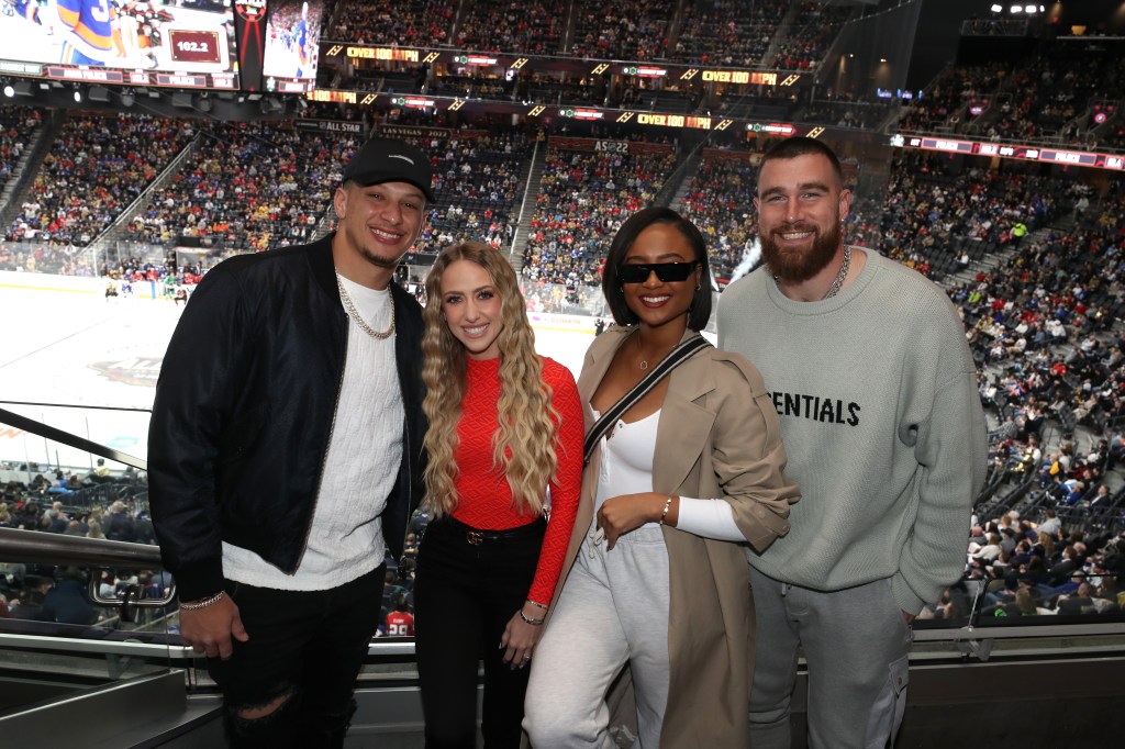 Patrick Mahomes of the Kansas City Chiefs, Brittany Matthews, Kayla Nicole and Travis Kelce of the Kansas City Chiefs attend the 2022 NHL All-Star Skills as part of the 2022 NHL All-Star Weekend on Feb. 04, 2022 in Las Vegas.