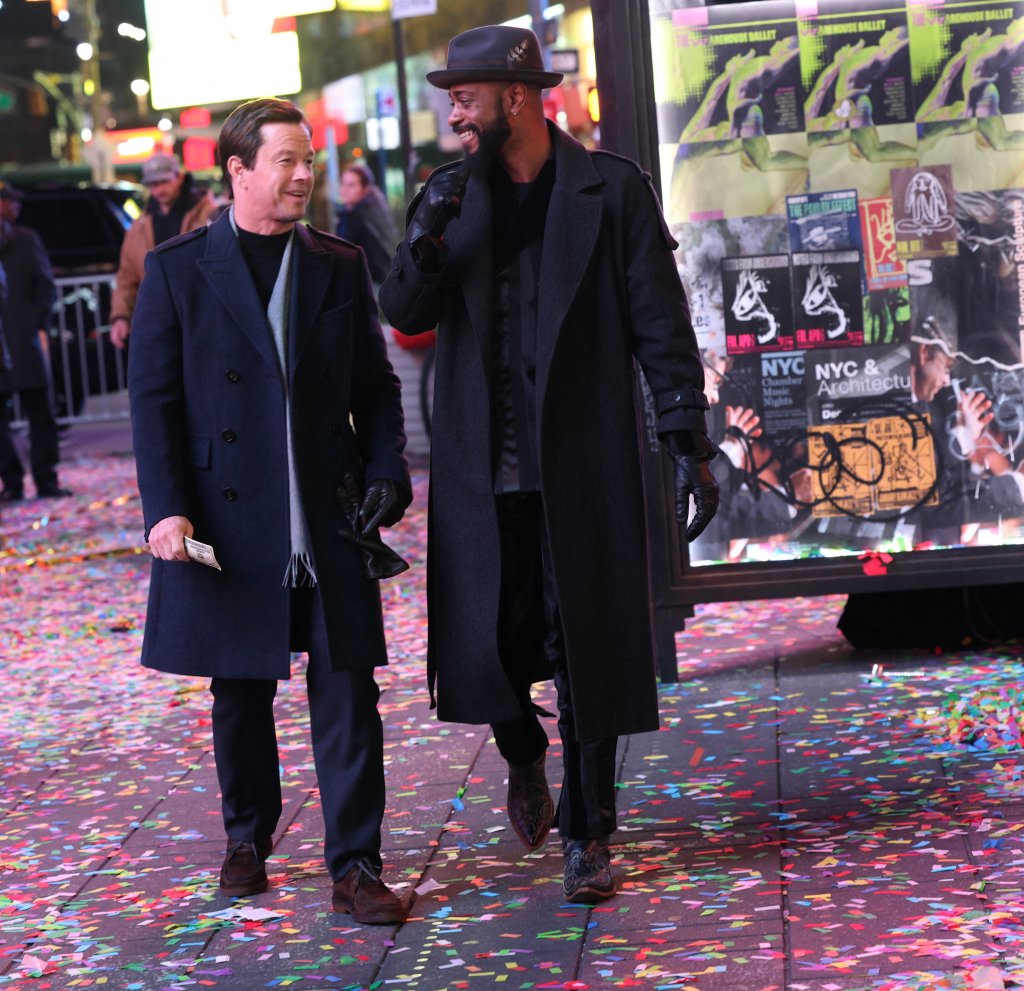 Mark Mahlberg and Lakeith Stanfield share a laugh on the set of "Play Dirty" in Times Square, NYC.