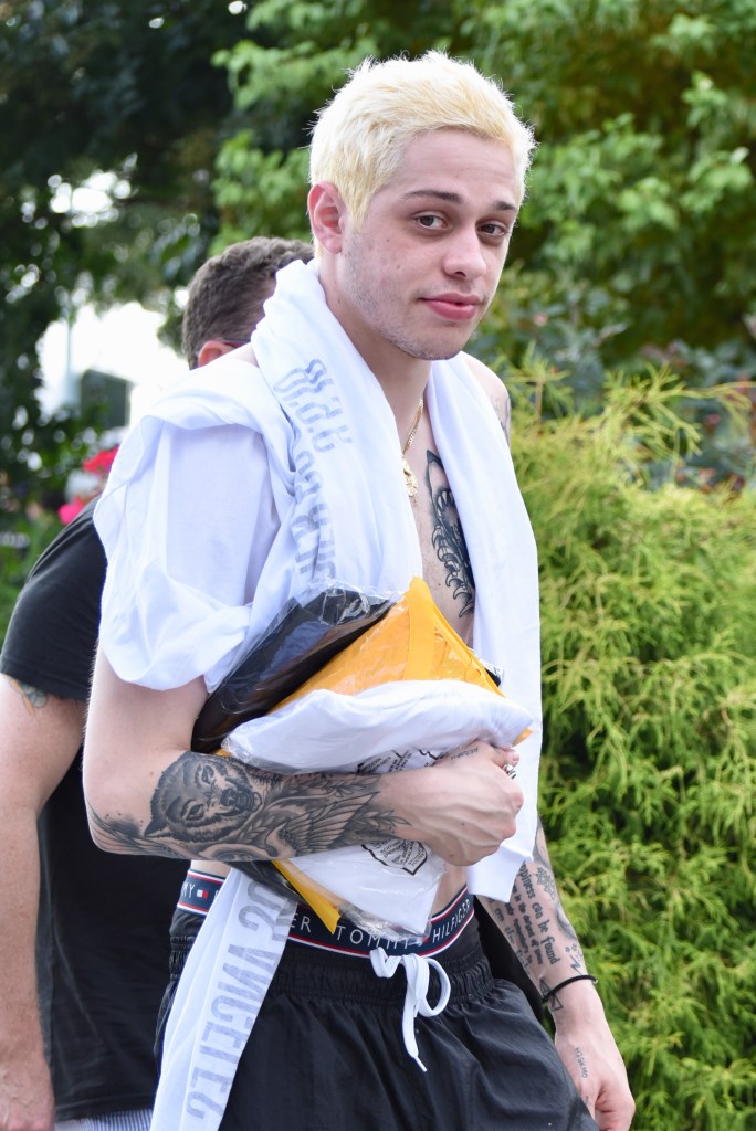 Pete Davidson with tattoos on his chest and a white towel, at New York Fashion Week, USA - 06 Sep 2018