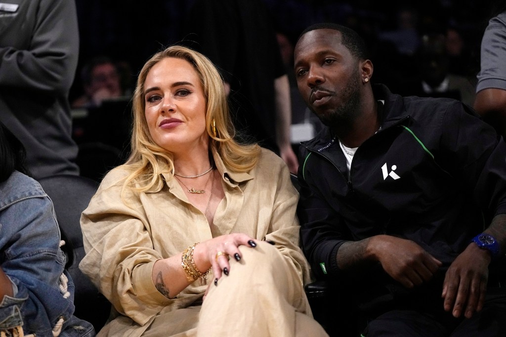 Adele, left, sits with sports agent Rich Paul during the second half in Game 3 of an NBA basketball Western Conference semifinal between the Los Angeles Lakers and the Golden State Warriors on May 6, 2023.