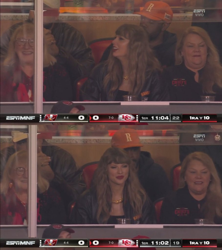 Taylor Swift sitting between Donna Kelce and her mom, Andrea Swift, at the Chiefs game