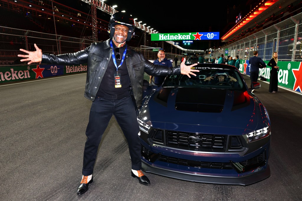 Terry Crews reacts after a Pirelli Hot Lap prior to the F1 Grand Prix of Las Vegas