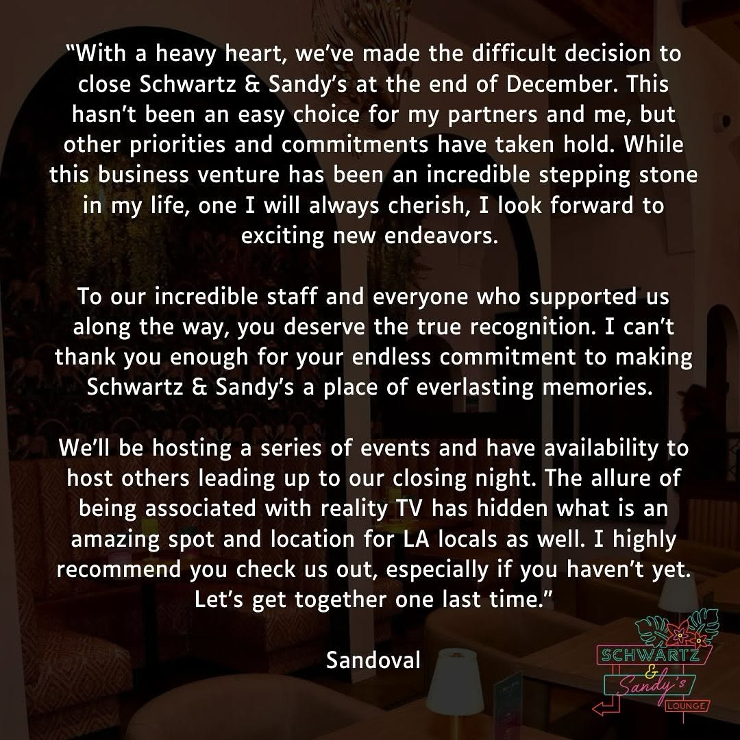 Tom Sandoval's Instagram statement about Schwartz & Sandy's closing