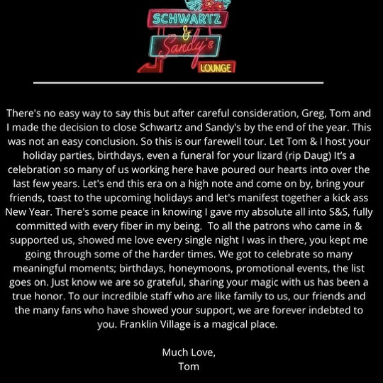 Tom Schwartz's Instagram statement about Schwartz & Sandy's closing