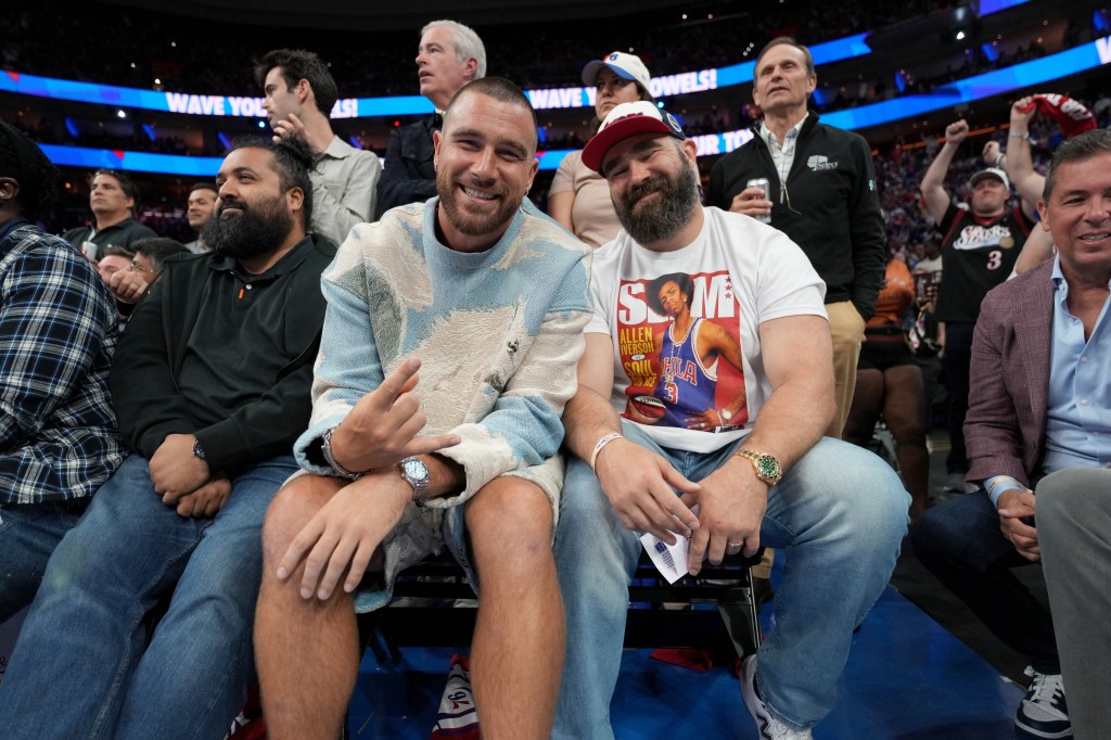 Travis Kelce and Jason Kelce attend a game before the game against the Boston Celtics against the Philadelphia 76ers during Game 6 of the 2023 NBA Playoffs Eastern Conference semi-finals on May 11, 2023 at the Wells Fargo Center in Philadelphia.