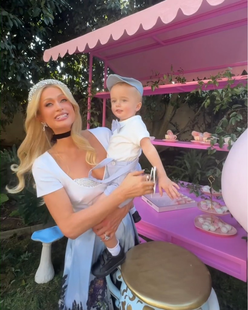 Paris Hilton and son Phoenix  at London's first birthday party on Nov. 11.