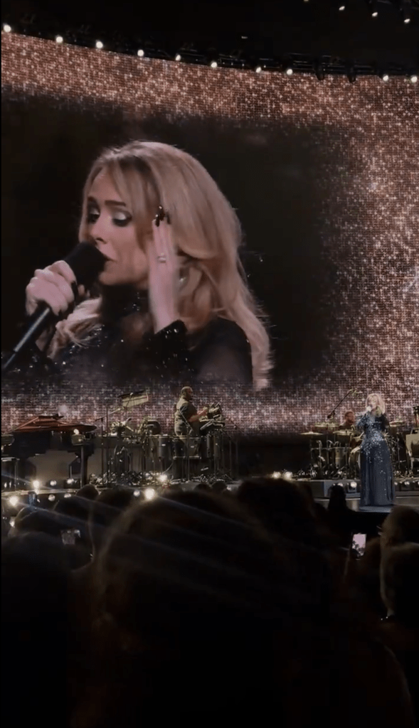 Adele proudly flaunted her engagement ring while performing at her Las Vegas residency at Caesar's Palace over the weekend.