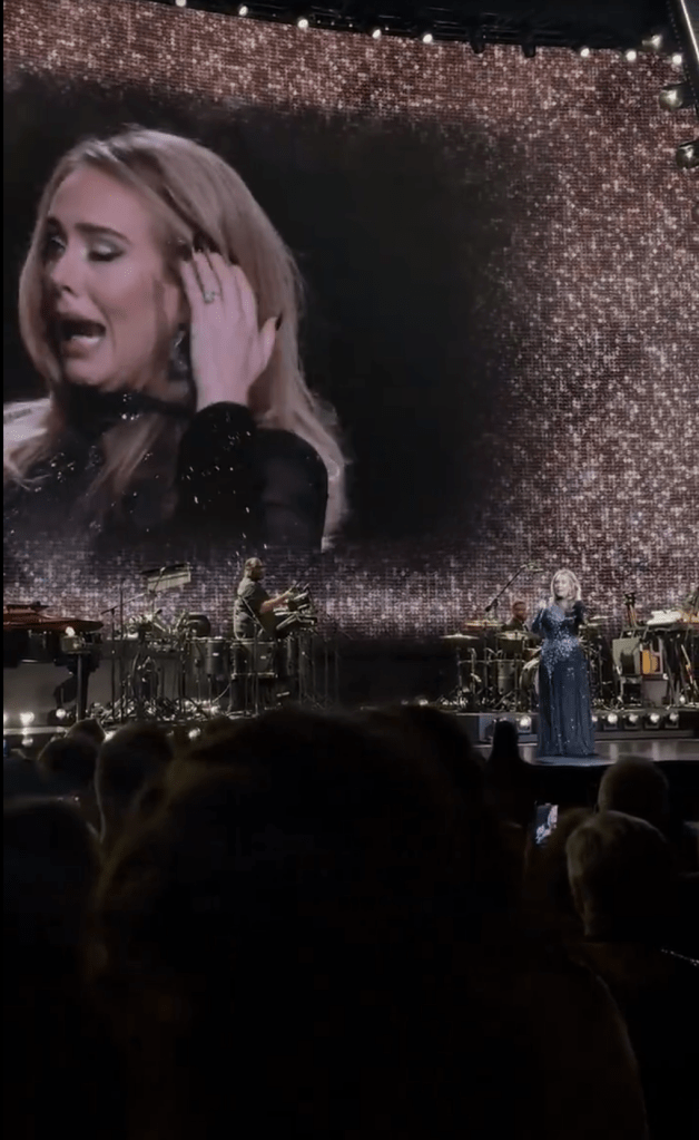 Adele proudly flaunted her engagement ring while performing at her Las Vegas residency at Caesar's Palace over the weekend.