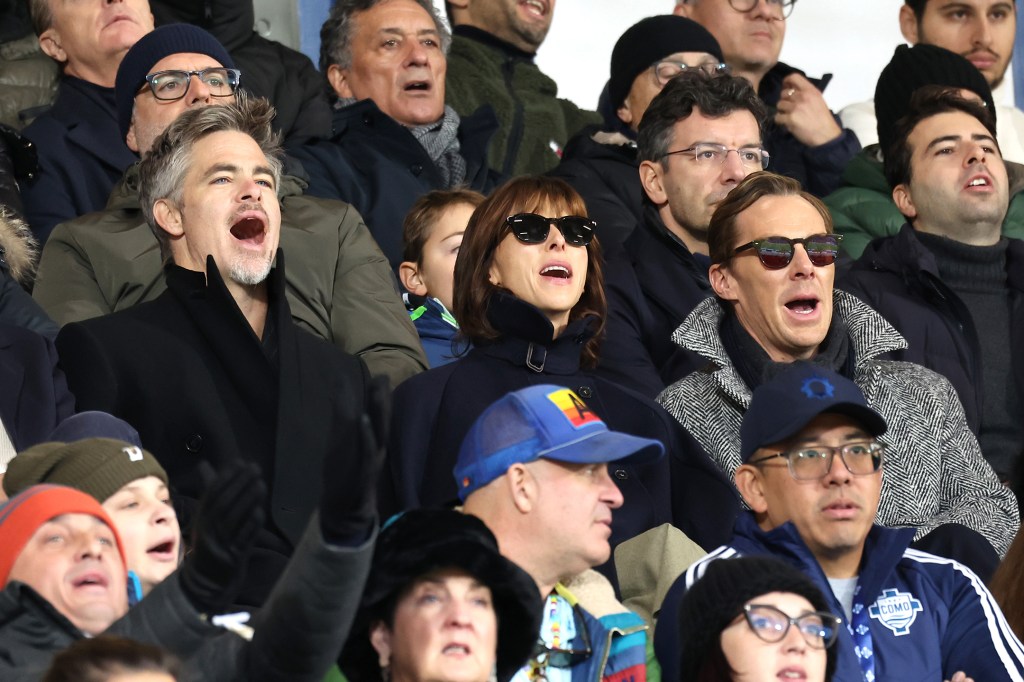 Chris Pine, Sophie Hunter, and Benedict Cumberbatch attending the football match between Como 1907 and Fiorentina at Giuseppe Sinigaglia Stadium, Como, Italy