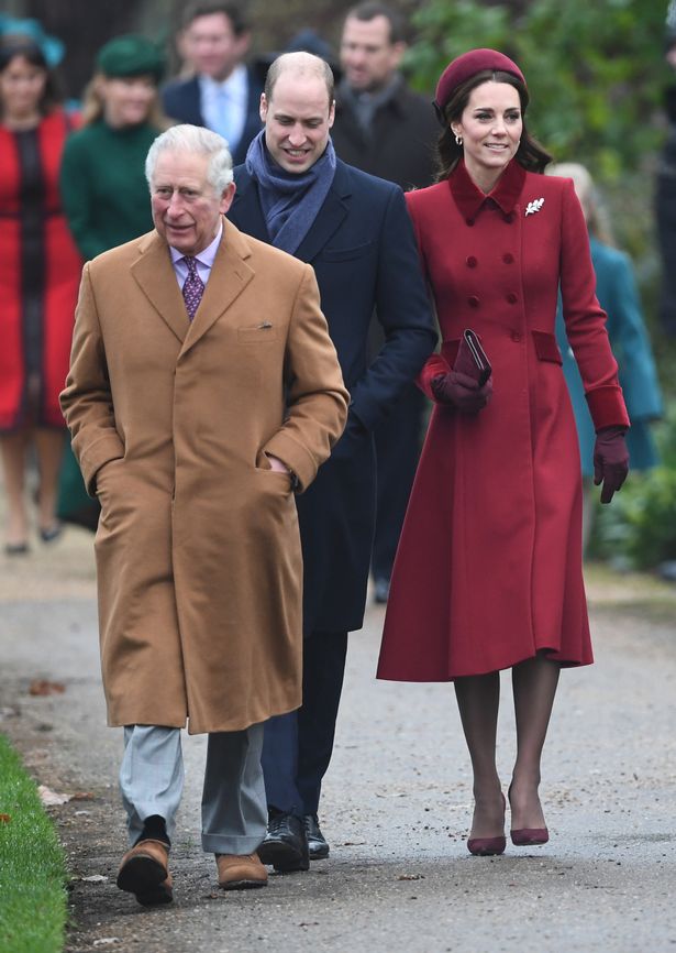 The Prince of Wales, the Duke of Cambridge and the Duchess of Cambridge arriving to attend the Christmas Day morning church service at St Mary Magdalene Church in Sandringham, Norfolk.