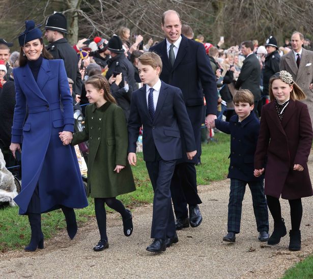 William and Kate on the walk to church with George, Charlotte and Louis, who holds hands with Mia Tindall