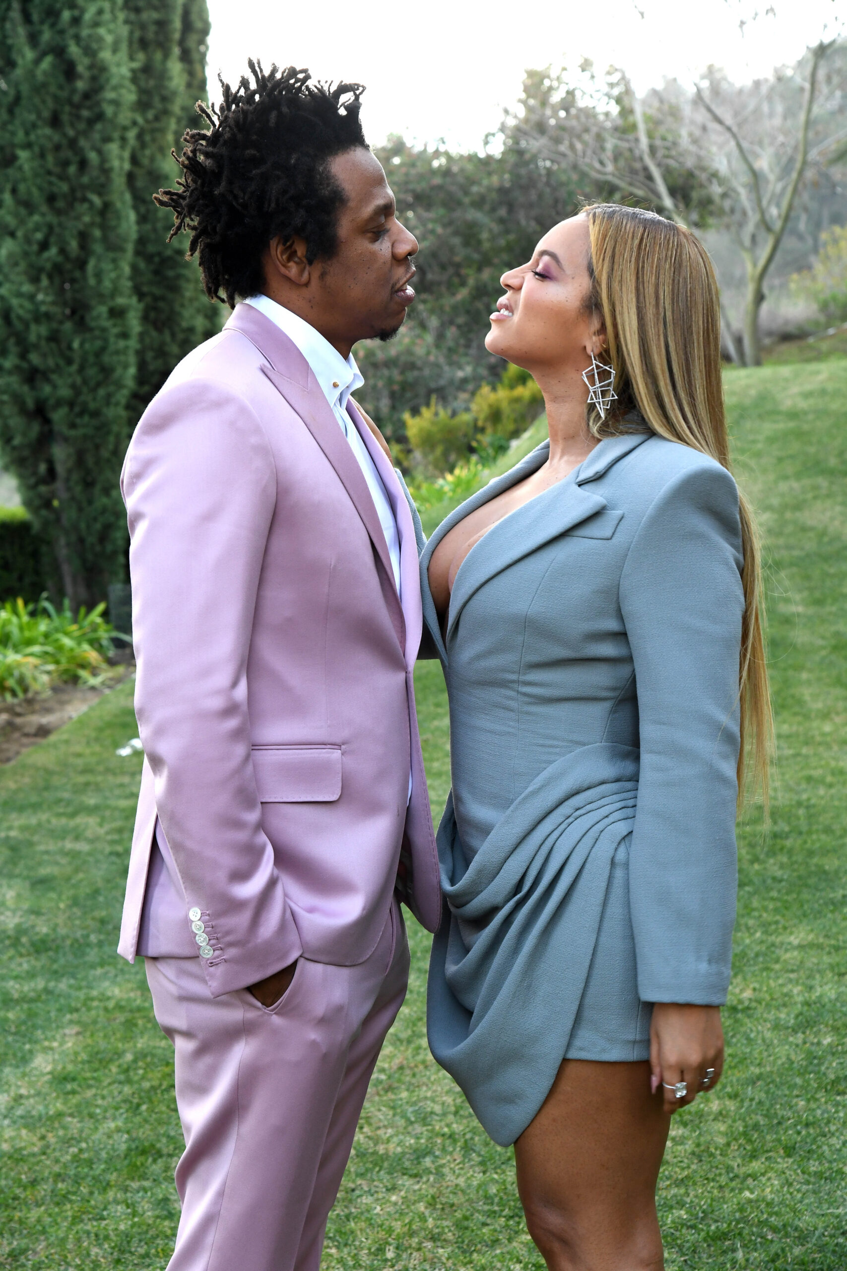 Beyoncé and Jay-Z staring at each other at the Roc Nation Brunch in 2020.