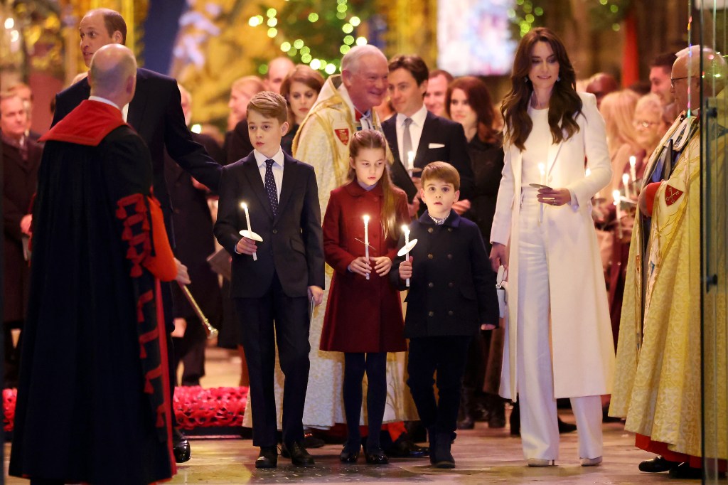 Kate Middleton, Prince William, Prince George, Princess Charlotte and Prince Louis at the "Together At Christmas" Carol Service on Dec. 8, 2023.