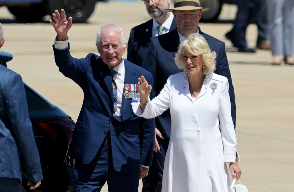 King Charles III and Queen Camilla arrive for a visit in Canberra at Defence Establishment Fairbairn, Canberra Airport on Oct. 21, 2024 in Canberra, Australia.