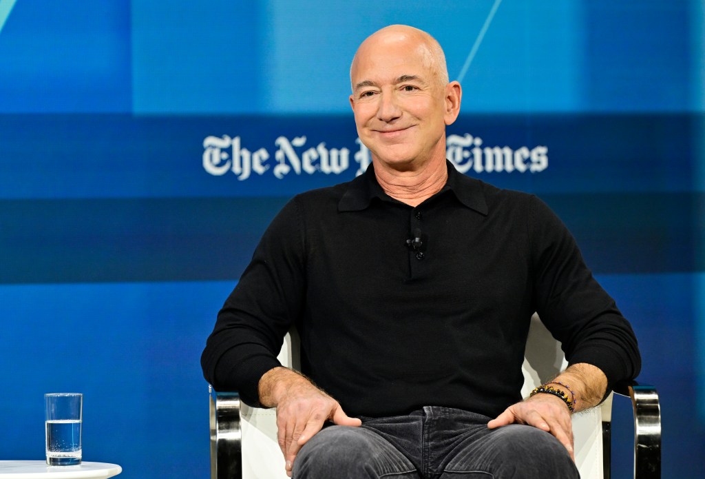 Jeff Bezos speaks onstage during The New York Times Dealbook Summit 2024 at Jazz at Lincoln Center on December 04, 2024 in New York City.