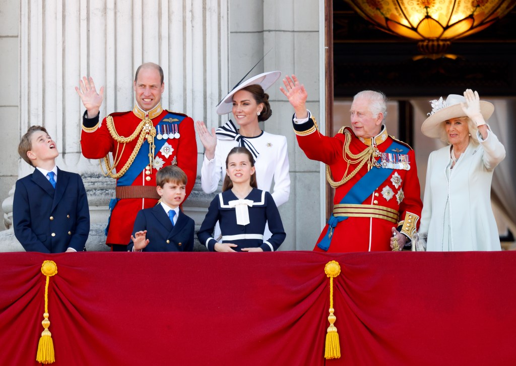 Prince George, Prince William, Prince Louis, Princess Charlotte, Kate Middleton and Queen Camilla on the balcony at Buckingham Palace.