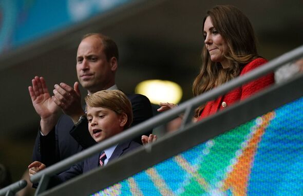 The Duke and Duchess of Cambridge with son Prince George during the UEFA Euro 2020 round of 16 match at Wembley Stadium, London. Picture date: Tuesday June 29, 2021. PA Photo. See PA story SOCCER England. Photo credit should read: Mike Egerton/PA Wire. RESTRICTIONS: Use subject to restrictions. Editorial use only, no commercial use without prior consent from rights holder.