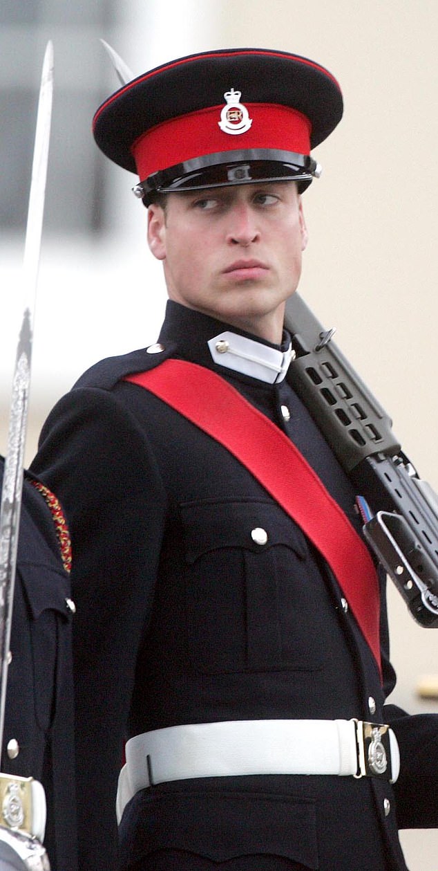 William wearing a blue uniform, hat and white gloves with a scarlet-coloured sash at the parade