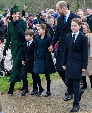 Samir Hussein/WireImage Catherine, Princess of Walesm Prince Louis of Wales, Princess Charlotte of Wales, Prince William, Prince of Wales and Prince George of Wales attend the Christmas Morning Service at Sandringham Church on Dec. 25, 2024 in Sandringham, Norfolk