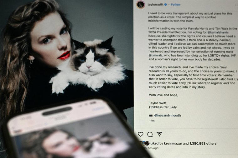 Taylor Swift announced her endorsement of Kamala Harris on Instagram (Photo: Taylor Swift/Pedro Ugarte/AFP)