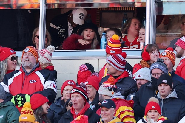 Taylor Swift reacts in the fourth quarter of a game between the Kansas City Chiefs and the Houston Texans at GEHA Field at Arrowhead Stadium on December 21, 2024 in Kansas City, Missouri. (Photo by David Eulitt/Getty Images)