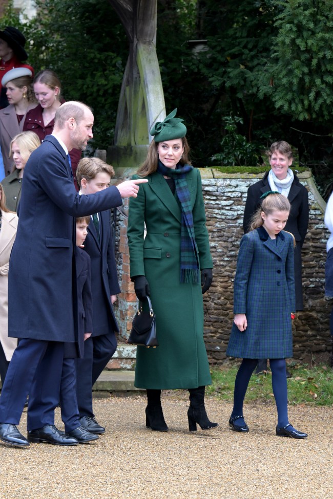 SANDRINGHAM, NORFOLK - DECEMBER 25: Prince William, Prince of Wales,Prince Louis of Wales,Prince George of Wales,Princess Catherine, Princess of Wales and Princess Charlotte of Wales attends the 2024 Christmas Morning Service at St Mary Magdalene Church on December 25, 2024 in Sandringham, Norfolk. (Photo by Jordan Peck/Getty Images)