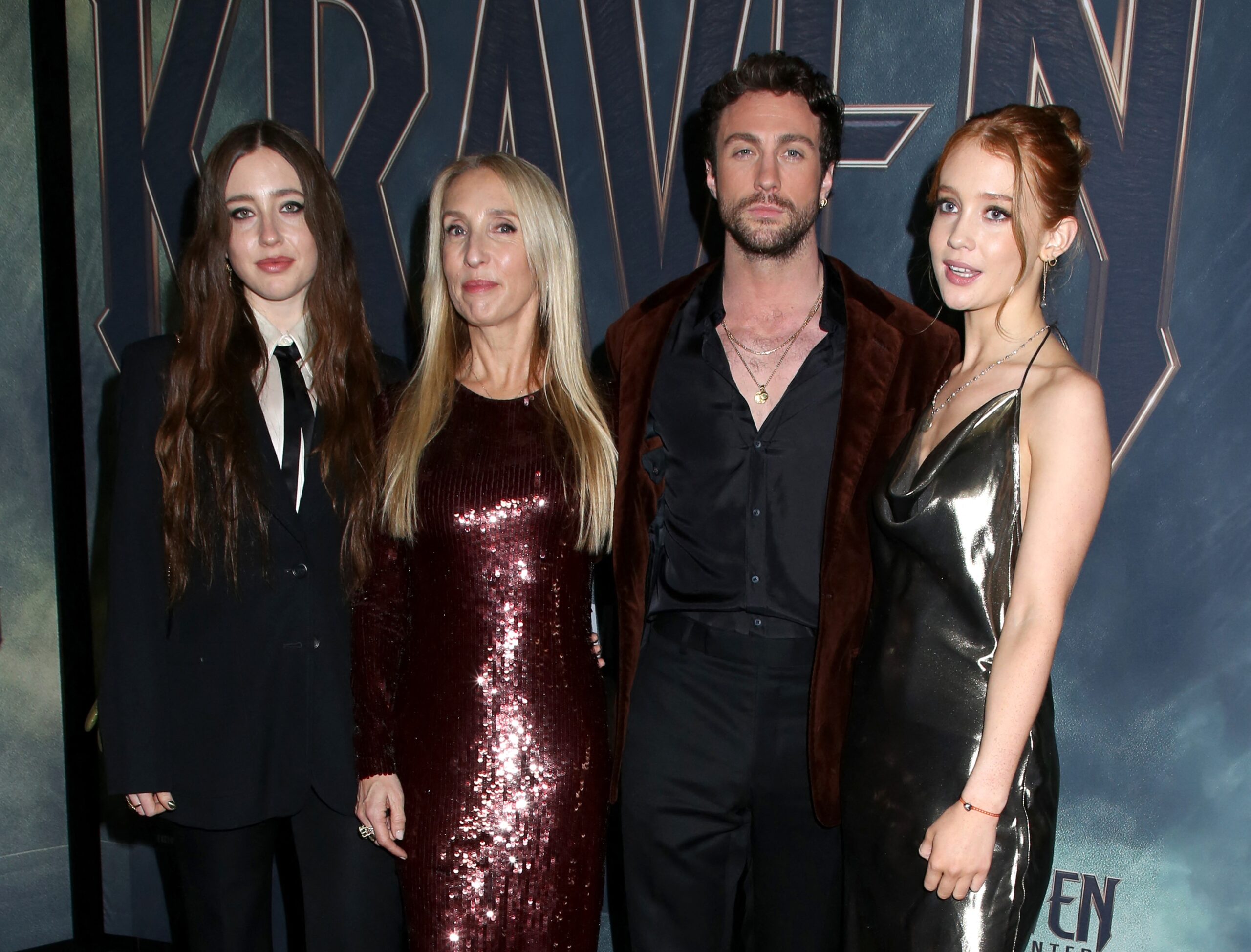 Angelica Jopling (from left), 27, mom Sam Taylor-Johnson, stepdad Aaron Taylor-Johnson and sister Jessie Jopling, 18,  support Aaron at the premiere of his flick “Kraven the Hunter” in Lincoln Square.