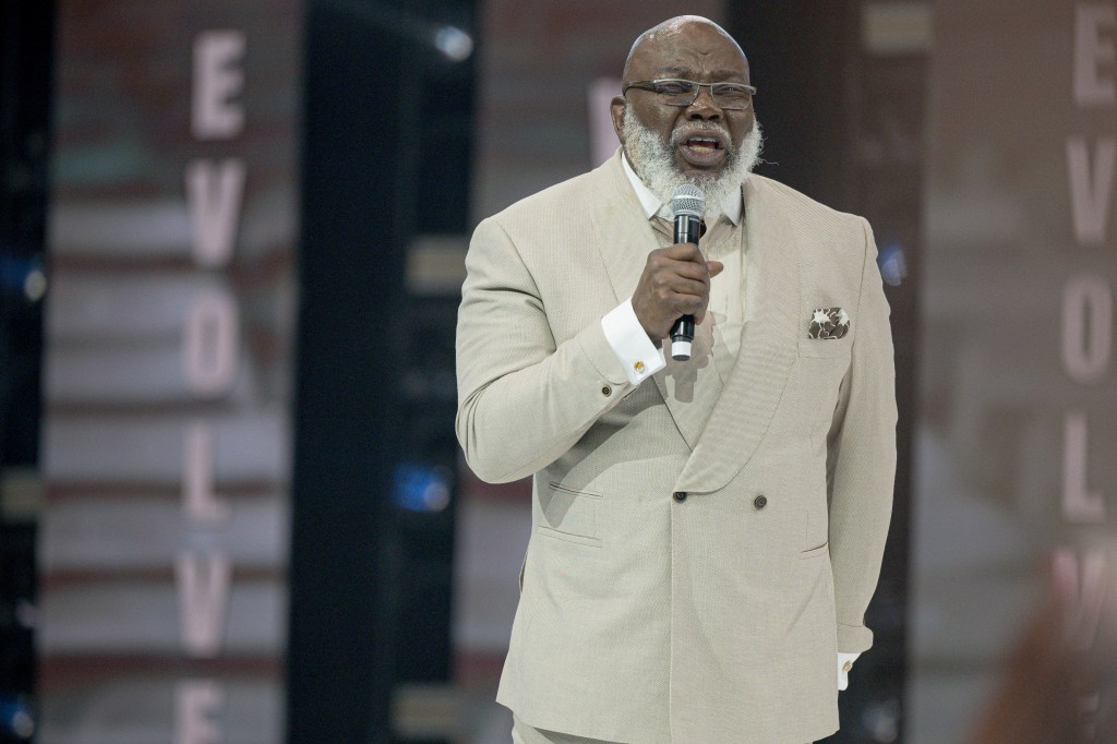 Bishop T.D. Jakes speaks on stage during the Woman Evolve 2023 day 3 at Globe Life Field on September 16, 2023 in Arlington, Texas.