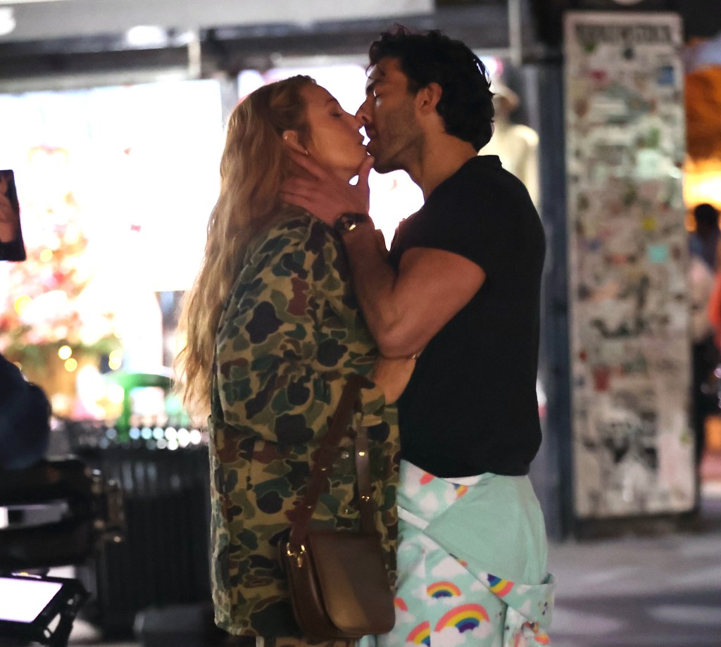 Blake Lively and Justin Baldoni are seen on the set of "It Ends with Us" on January 12, 2024 in Jersey City, New Jersey.